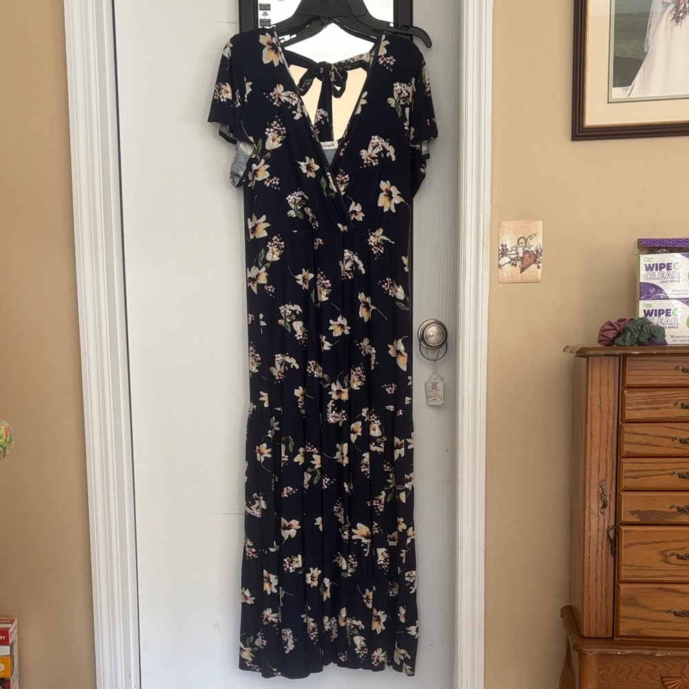 Loveappella Navy Floral Wrap Maxi Dress with Tie Back